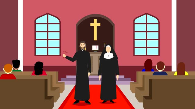 Interior animation of a Catholic church ceremony with priest, nun and worshipers together, religion, faith.