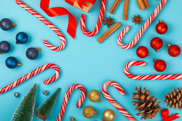 istock Christmas candy.Candy cane.Christmas composition with gifts, Christmas tree decorations on  background. Concept for Christmas and New Year holidays. Winter. Flatlay, top view, copy space. 1847431531