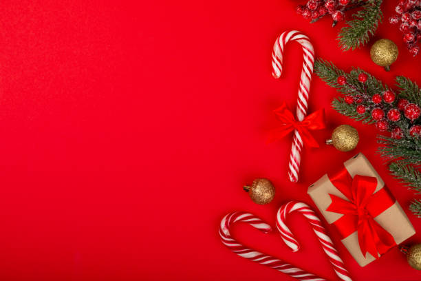 istock Christmas candy.Candy cane.Christmas composition with gifts, Christmas tree decorations on  background. Concept for Christmas and New Year holidays. Winter. Flatlay, top view, copy space. 1847431539