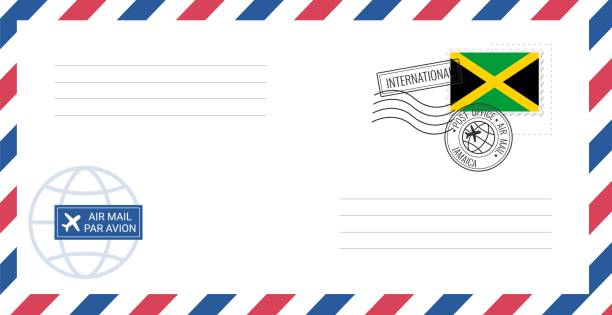 ilustrações, clipart, desenhos animados e ícones de envelope de correio aéreo em branco com selo postal da jamaica. ilustração do vetor do cartão postal com a bandeira nacional jamaicana isolada no fundo branco. - mail postage stamp postmark jamaica