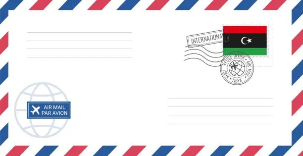 Vector illustration of Blank air mail envelope with Libya postage stamp. Postcard vector illustration with Libyan national flag isolated on white background.
