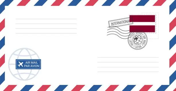 Vector illustration of Blank air mail envelope with Latvia postage stamp. Postcard vector illustration with Latvia national flag isolated on white background.