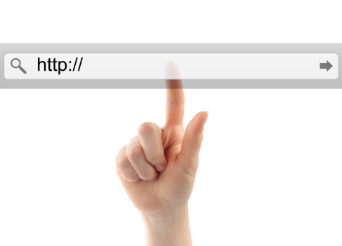 Hand pushing virtual search bar on white background, internet concept