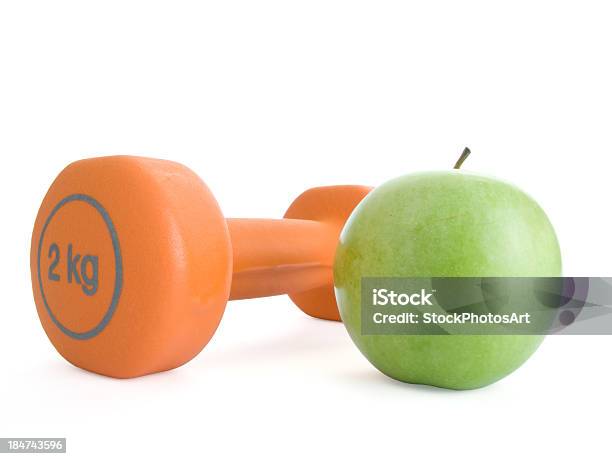 Dumbbell And An Apple Stock Photo - Download Image Now - Anaerobic Exercise, Apple - Fruit, Black Background