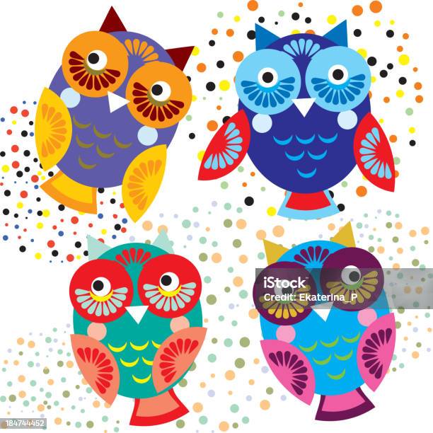 Quatro Brilhante Colorido Owls Vector Definido - Arte vetorial de stock e mais imagens de Adolescente - Adolescente, Amor, Animal