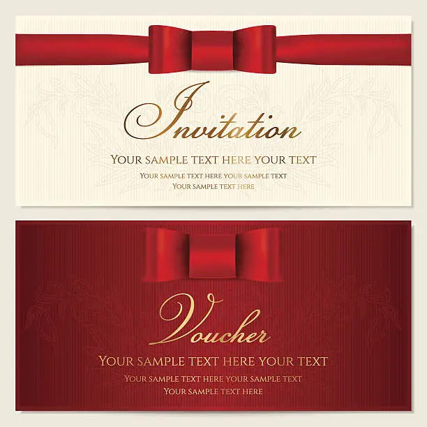 Vector illustration of Voucher, Gift certificate / card, Coupon, Invitation template with red bow