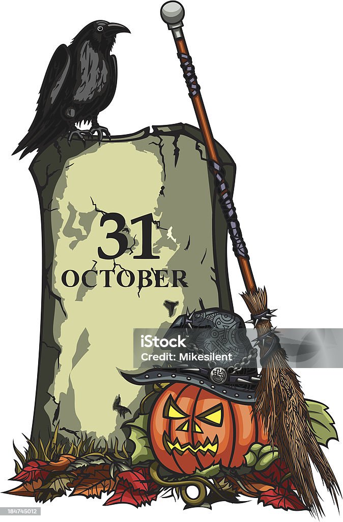 Abóbora de Halloween abóbora, tumba, e Raven, bruxas chapéu e Broom - Vetor de Assustador royalty-free