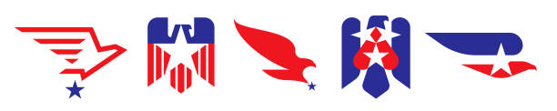 대머리 독수리 로고 마크 템플릿입니다. 빨간색과 파란색의 미국 국가 색상에 줄무늬와 별이 있는 강력한 새의 우아한 엠블럼 - symbol military star eagle stock illustrations