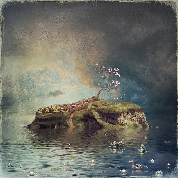 istock Painting of a cherry tree on an island surrounded by water 184746898
