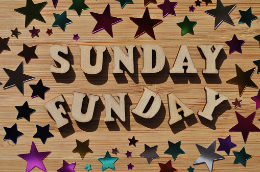 Sunday Funday, words in wooden alphabet letters surrounded by colorful stars