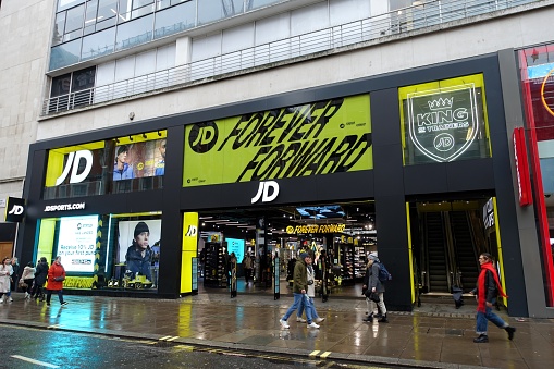London, England, UK - December 9th 2023: JD sports store, 197 to 203 Oxford Street, London. JD Sports Fashion plc is a British sports-fashion retail company based in the UK.