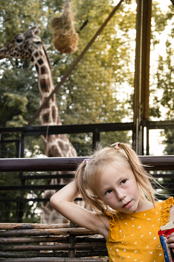 Happy little girl having fun in the zoo during hot summer day. Portrait of cute girl next to giraffe at the zoo