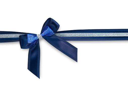 Beautidul gift blue ribbon with a bow isolated on a white background. Closeup christmas blue and silver bow with strips