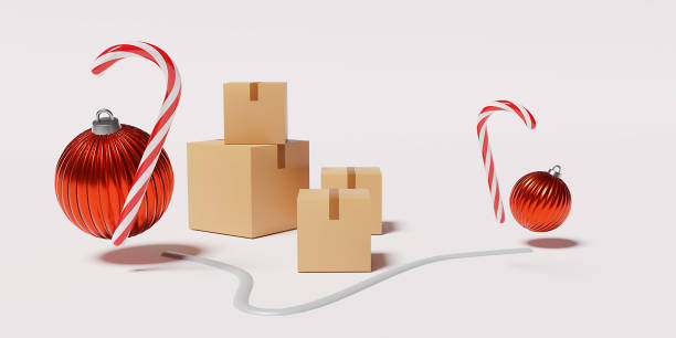 istock Delivery concept, parcel, mail, online order. Packaging with Cristmas ball. Transportation and logistic. Sealed cardboard box for delivery of orders,goods, items around the world - 3d render. 1847529274