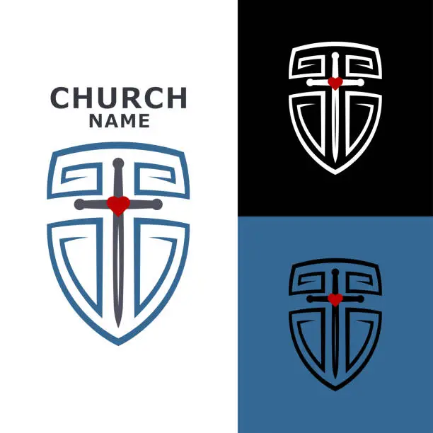 Vector illustration of Christian church logo, cross in the shield.