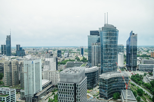 close up view at the financial district of Frankfurt am Main, August 2022, seen from the ECB, European Central Bank