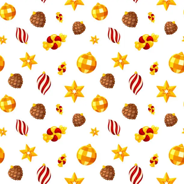 Vector illustration of Christmas tree toy festive seamless pattern flat