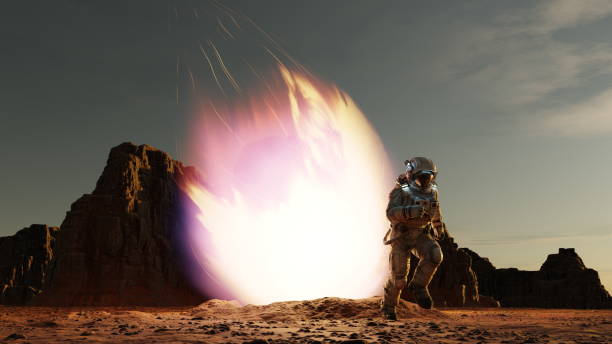 istock Astronaut escapes from falling comet asteroid, fiery asteroid from outer space crashes into surface of red planet Mars. Disaster. 3d render 1847548235