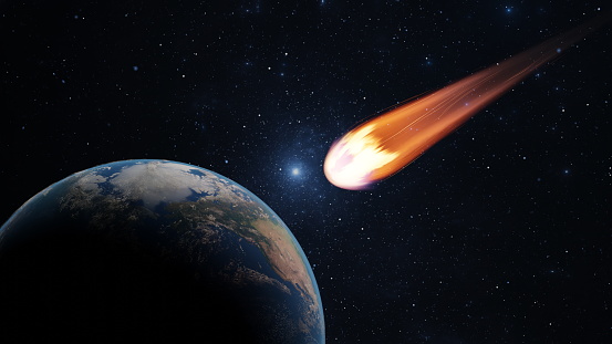 Asteroid, fall of comet to earth, Armageddon disaster, danger meteorite. Huge fiery comet is flying in space towards Earth. 3d render.  Elements of this image furnished by NASA. 3d render. https://visibleearth.nasa.gov/collection/1484/blue-marble