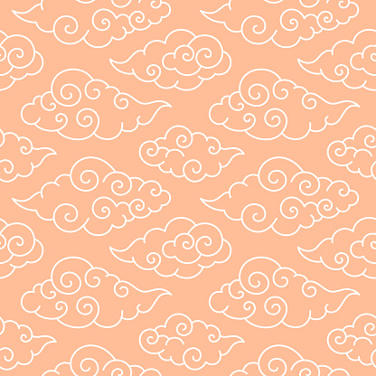Vector seamless pattern with clouds in Chinese style. Trendy color of 2024 Peach Fuzz
