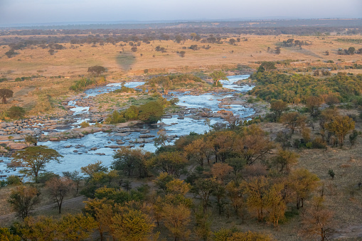the Mara from above – the Mara river seen from above aboard a hot air balloon, beautiful morning light at dawn
