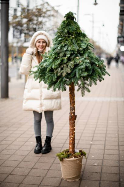 Small Christmas tree is made with a tall trunk using branches of a Christmas tree in a pot