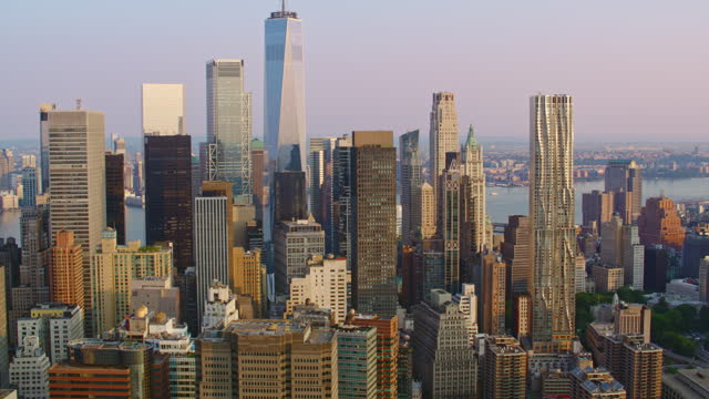 AERIAL Financial District in Manhattan, NYC at sunrise