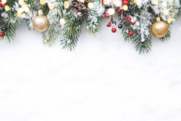 istock Christmas fir tree with decoration on snow background, flat lay 1847583743