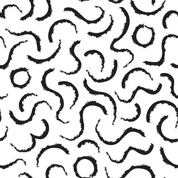 Vector illustration of Minimalist bold curvy line seamless pattern. Abstract trendy print with swirl paint brush stroke lines. Artistic stylish vector template for seamless background design. Chaotic ink brush scribbles decorative texture