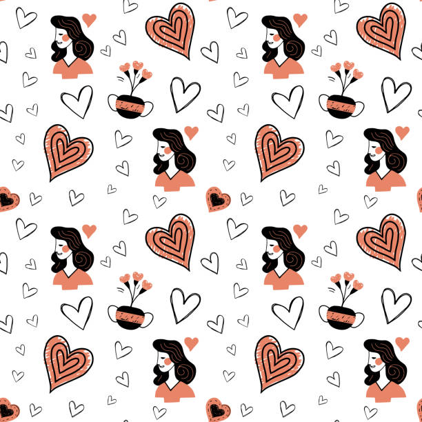 Doodle background in trendy color with romantic girl and hearts. Valentine day seamless vector pattern. Hand drawn Doodle background in trendy color with romantic girl and hearts. Valentine day seamless vector pattern. Hand drawn vintage love letter backgrounds stock illustrations