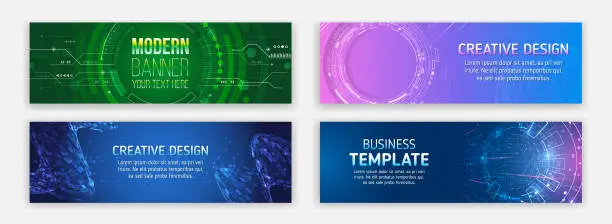 Vector illustration of Modern hi tech horizontal banner templates. Abstract banner on the theme of data protection, cyber security, science, data array. Futuristic digital communication background. Blue Technology cover.