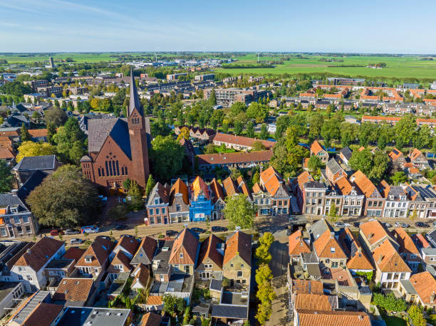 Aerial from the historical city Bolsward in the Netherlands stock photo