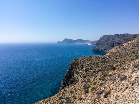 On the horizon you can see the Black Hill and La Polacra cape in Cabo de Gata, Andalusia, Spain.