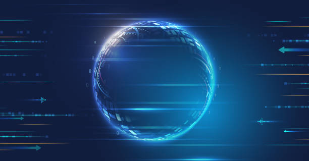 Wide Blue background with various technological elements. Abstract circle technology communication, vector illustration. Futuristic design for presentation. Hi-tech computer digital technology concept Wide Blue background with various technological elements. Abstract circle technology communication, vector illustration. Futuristic design for presentation. Hi-tech computer digital technology concept wide stock illustrations