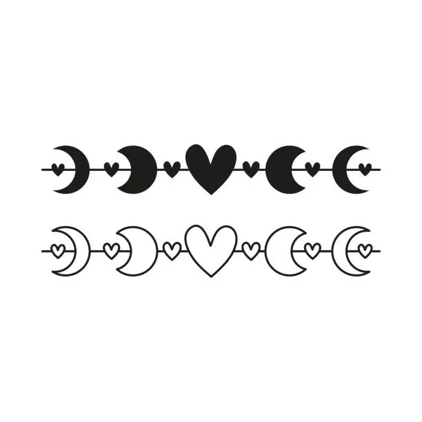 Vector illustration of Black and outline lovely boho moon phases.