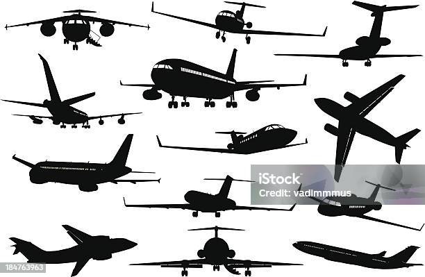Самолеты Силуэты Набор — стоковая векторная графика и другие изображения на тему Летать - Летать, Самолёт, Силуэт