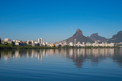 Beautiful View of Rio de Janeiro Mountains Reflected in Water of Rodrigo de Freitas Lagoon.