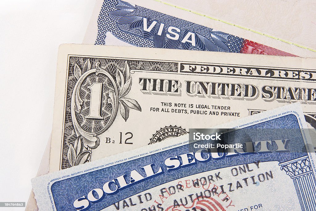 US work permit documents American Visa, Social Security Card and one dollar bill. American One Dollar Bill Stock Photo