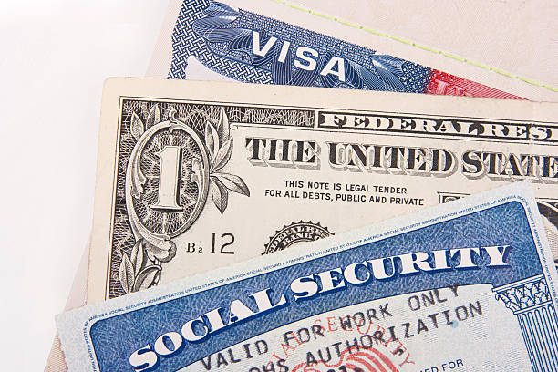 US work permit documents American Visa, Social Security Card and one dollar bill. social security social security card identity us currency stock pictures, royalty-free photos & images
