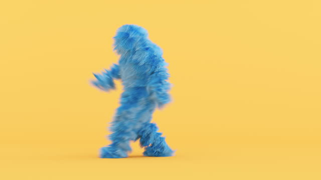 Blue hairy 3d cartoon character dancing on yellow background, person wearing furry costume, funny mascot looping animation, modern minimal seamless motion design stock video