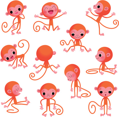 Set of eleven cute little Monkeys, staying with different emotional conditions. EPS 10, RGB.