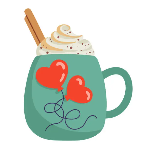 Vector illustration of Mug with a coffee frappe, cocoa, and cream. Green cup with red hearts and cozy drink for a couple in love. Valentine's Day vector illustration for greeting cards, banners, invitations, decor.