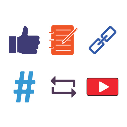 6 Social media icons representing: 1) Likes, 2) Blogs, 3) Links, 4) Hash Tags, 5) Sharing, and 6) Videos.