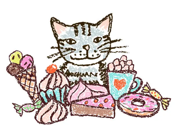 Vector illustration of Fat cat with sweet tooth among dessert sweet food.