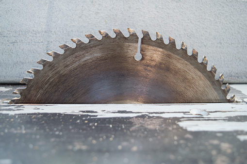 Circular saw blade with sharp teeth. Equipment for sawing firewood in the household. Close-up. Selective focus, artificial noise.