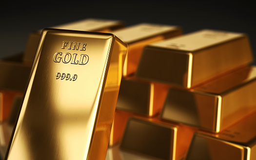 3d render Realistic Gold Bars on Black Background, Concepts such as Finance, Wealth, Country development, Depth Of Field