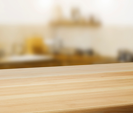 Blank wooden counter in a domestic kitchen