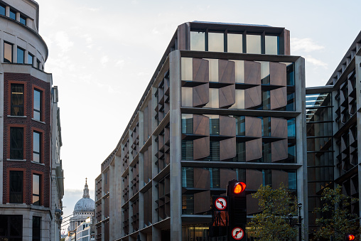 London, UK - August 25, 2023: Bloomberg London office building by Norman Foster architect in Queen Victoria Street