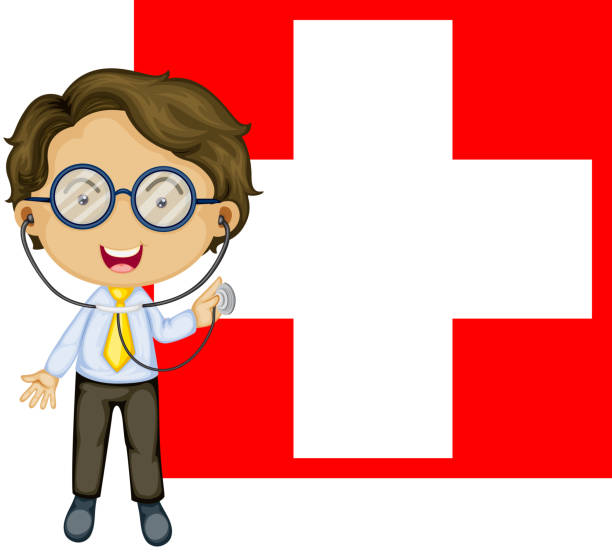 illustrazioni stock, clip art, cartoni animati e icone di tendenza di medico davanti alla bandiera della svizzera - people in the background swiss culture swiss flag switzerland