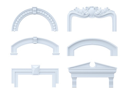 3d illustration. Set of different classic arched marble frames